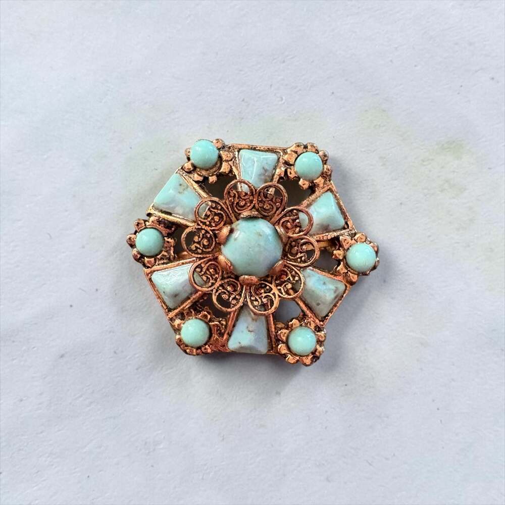 Vintage Hexagonal Filigree Brooch with Faux Turquoise Stones